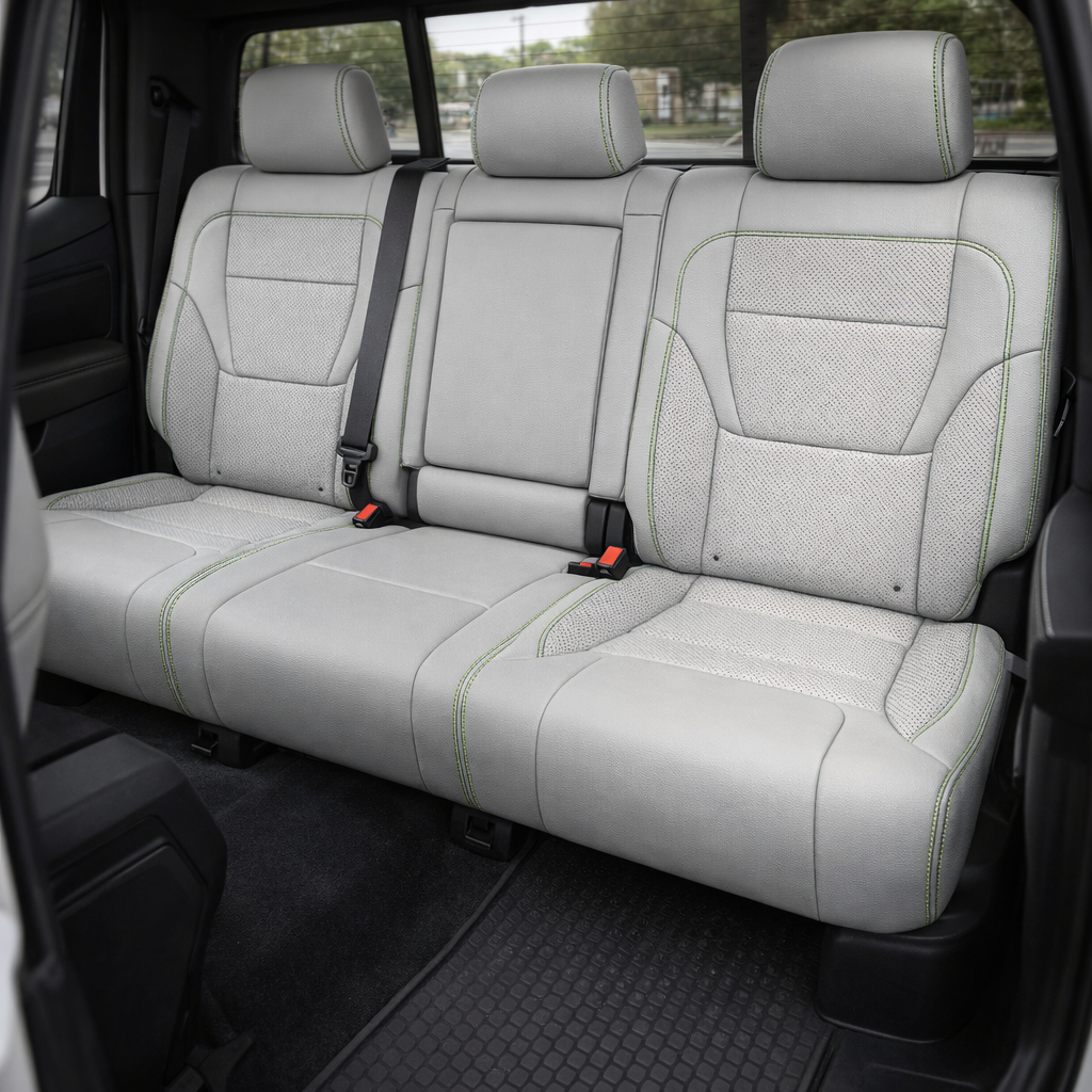  Rear in-cabin view of a 2022–2026 Toyota Tundra with an installed Leatherteck leather upholstery kit in Cement Gray with Evergreen accents, featuring a rear bench seat with Cement Gray leather bolsters, perforated Cement Gray center inserts, Evergreen contrast stitching and accent piping, and matching Cement Gray headrests, shown through the open rear door with seatbelts, red seatbelt buckles, rear window, black door trim, front seatback edge, and black all-weather floor liner visible.