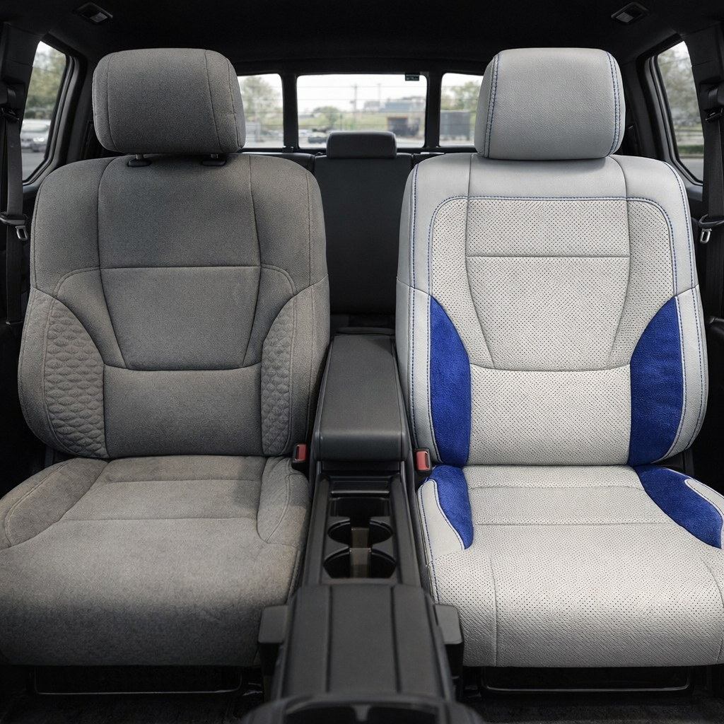  Before-and-after front in-cabin view of a 2022–2026 Toyota Tundra split by the front seats: the left front seat shows the original factory gray cloth upholstery, while the right front seat shows the upgraded Leatherteck leather upholstery kit in cement gray with perforated cement gray center inserts, sapphire blue suede accent panels, and blue contrast stitching, with the center console, cupholders, rear bench seat, headrests, rear window, seatbelt buckles, and black floor area visible.