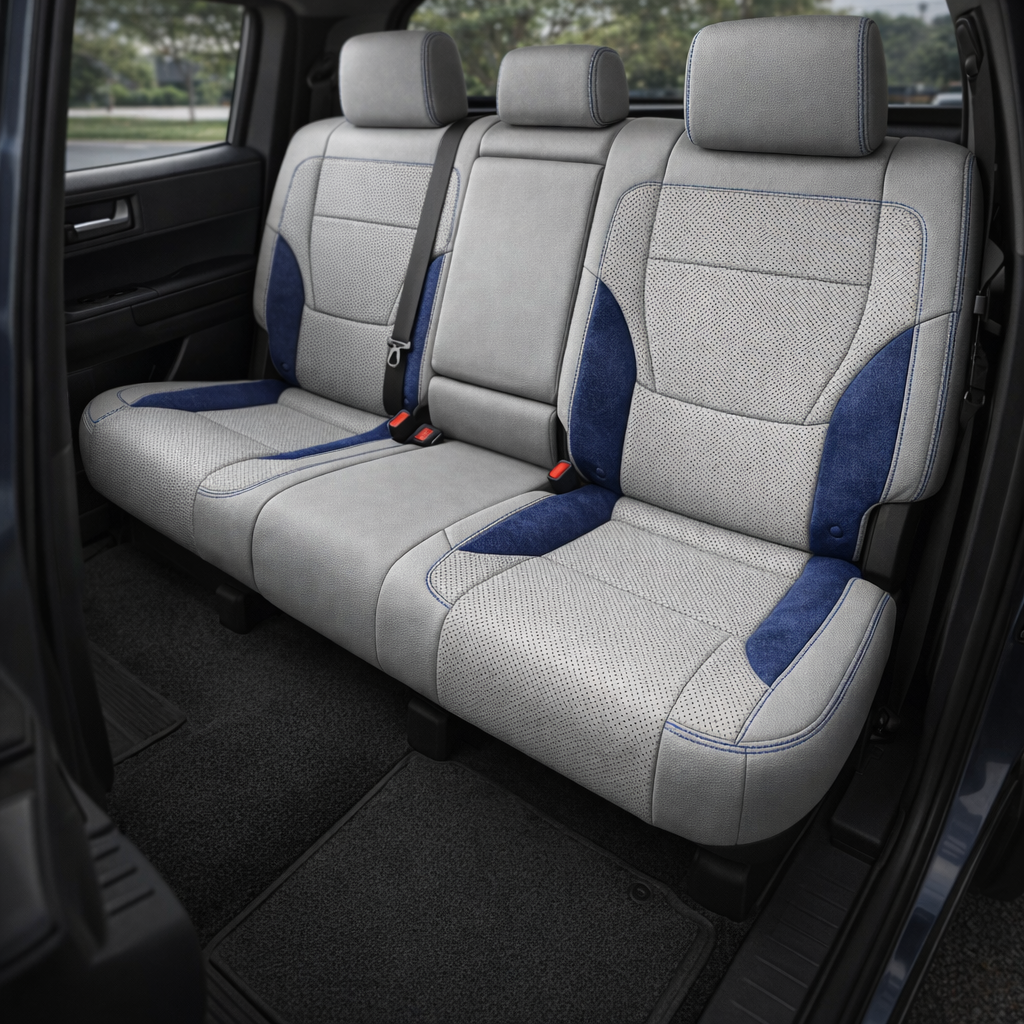 Rear in-cabin view of a 2022–2026 Toyota Tundra with an installed Leatherteck leather upholstery kit in cement gray with sapphire blue suede accents, featuring a rear bench seat with perforated cement gray center inserts, sapphire blue suede side and cushion accent panels, and blue contrast stitching, shown through the open rear door with three headrests, seatbelts/buckles, rear door panel, rear window, and black floor mats visible.
