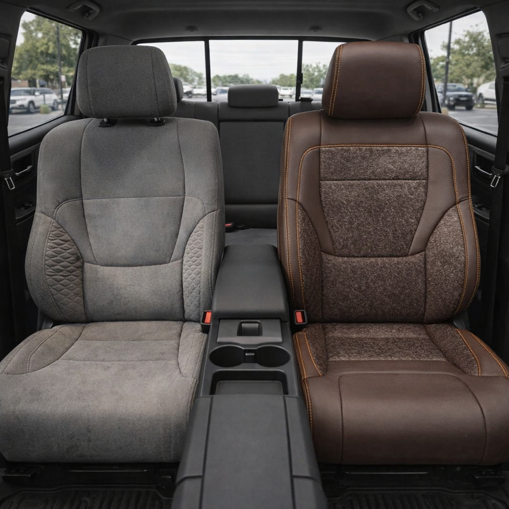  Before-and-after front in-cabin view of a 2022–2026 Toyota Tundra split side-by-side: the left front seat shows the original factory gray cloth upholstery, while the right front seat shows the upgraded Leatherteck leather upholstery kit in Coffee Brown with Western floral accent panels and orange contrast stitching, with the center console, cupholders, armrest, rear bench seat, headrests, seatbelt buckles, rear window, and black floor mats visible.
