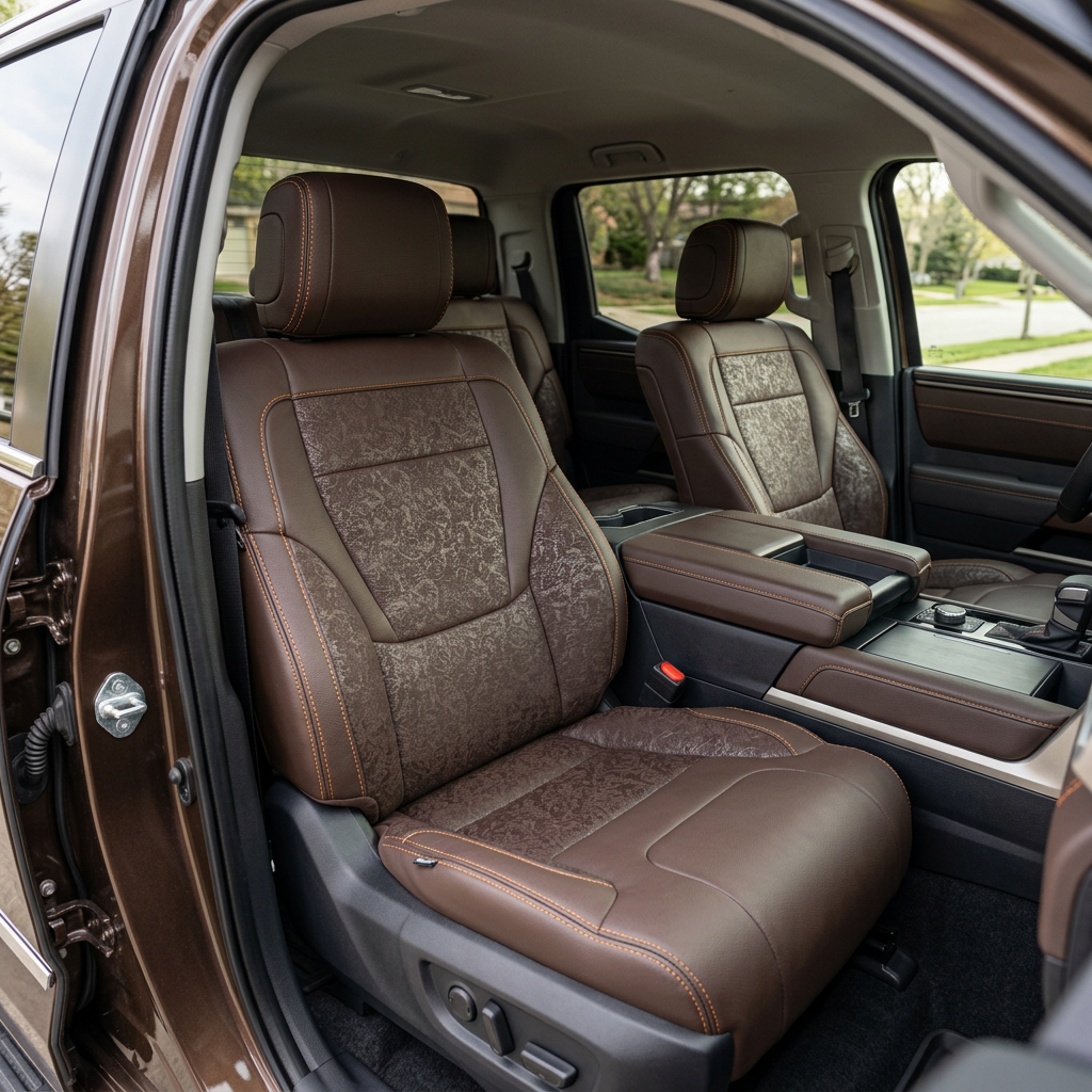 Front in-cabin view of a 2022–2026 Toyota Tundra with an installed Leatherteck leather upholstery kit in Coffee Brown with Western floral accent panels and orange contrast stitching, featuring front bucket seats, matching headrests, floral-pattern seatback and cushion inserts, and a two-tone center console/armrest, shown from the open driver-side door with the passenger seat, door panel, seat controls, red seatbelt buckle, gear selector, cupholders, rear seating area, and black floor mat visible.