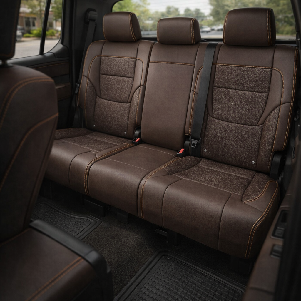 Rear in-cabin view of a 2022–2026 Toyota Tundra with an installed Leatherteck leather upholstery kit in Coffee Brown with Western floral accent panels and orange contrast stitching, featuring a rear bench seat, three matching headrests, floral-pattern seatback and cushion inserts, and brown leather bolsters, shown with seatbelts, red seatbelt buckles, front seatbacks, rear door trim, rear window, and black all-weather floor liners visible.
