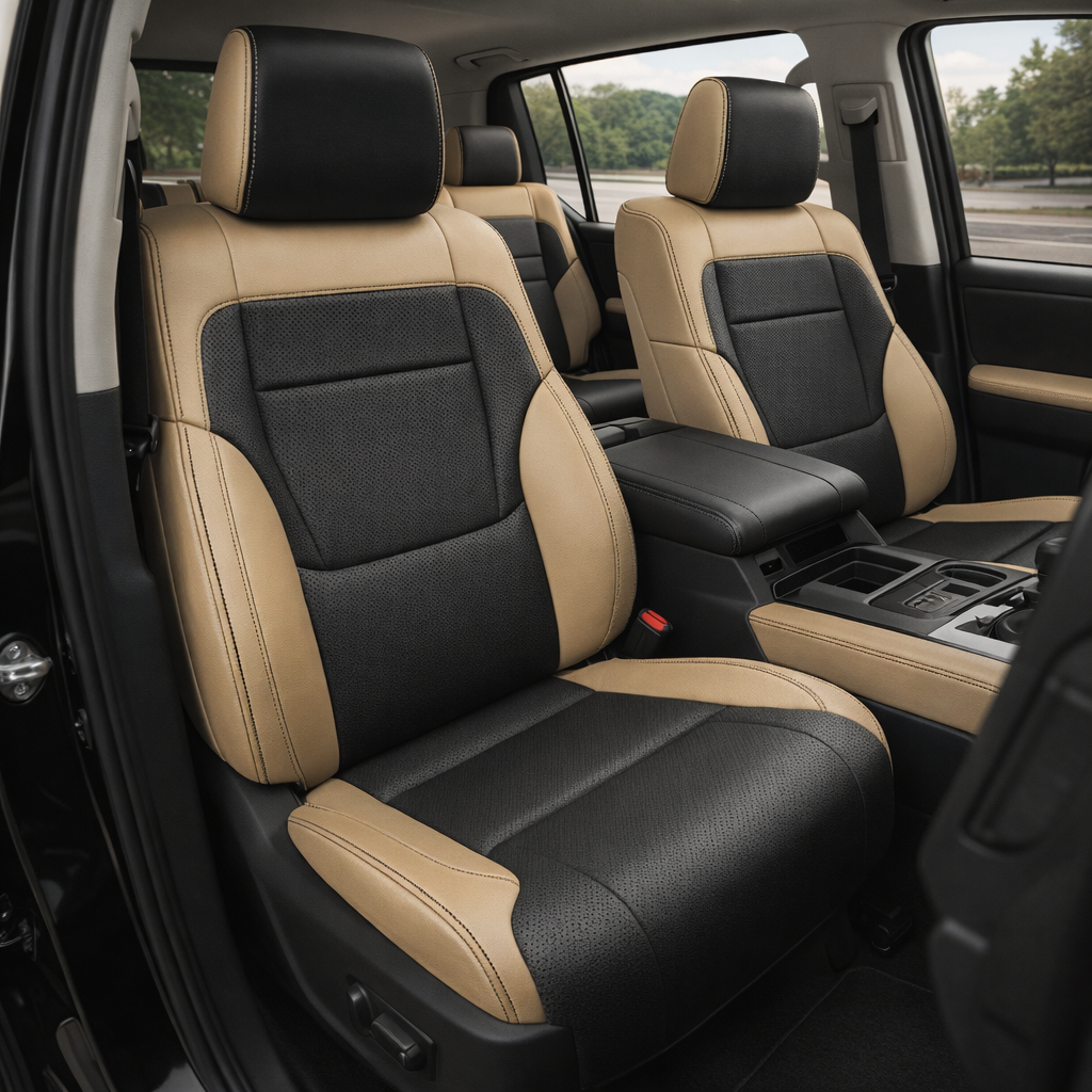 Front in-cabin view of a 2022–2026 Toyota Tundra with an installed Leatherteck leather upholstery kit in Cream Beige with black inserts, featuring Cream Beige leather bolsters, black perforated center panels, black perforated seat cushion inserts, black headrest faces, and black contrast stitching, shown from the open driver-side door with the front bucket seats, rear bench seat, center console, armrest, cupholders, gear shifter, door panel, windows, seatbelt buckle, and black carpet visible.

