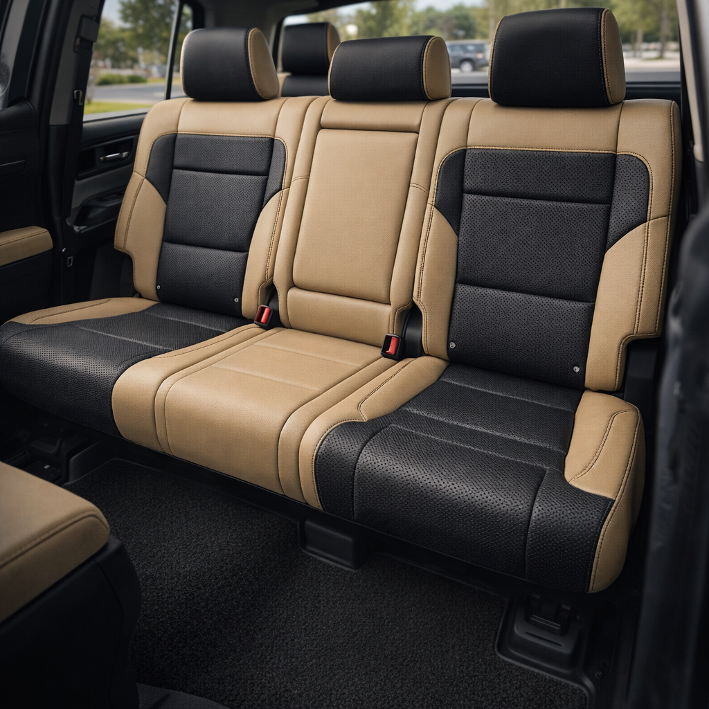  Rear in-cabin view of a 2022–2026 Toyota Tundra with an installed Leatherteck leather upholstery kit in Cream Beige with black inserts, featuring a rear bench seat with Cream Beige leather bolsters, black perforated seatback inserts, black perforated seat cushion inserts, black headrest faces, and black contrast stitching, shown through the open rear door with three headrests, red seatbelt buckles, rear window, door panel, front console edge, and black carpet visible.