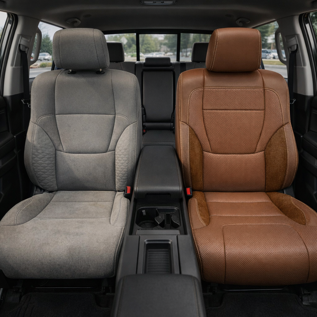  Before-and-after front in-cabin view of a 2022–2026 Toyota Tundra split by the front seats: the left front seat shows the original factory gray cloth upholstery, while the right front seat shows the upgraded Leatherteck leather upholstery kit in Mahogany Brown with Chocolate suede accent panels, perforated brown center inserts, and Silver contrast stitching, with the center console, cupholders, armrest, rear bench seat, headrests, seatbelts, rear window, and black floor area visible.