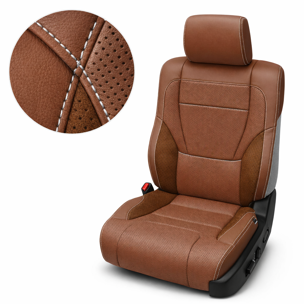  Close-up product image of a 2022–2026 Toyota Tundra Leatherteck leather upholstery kit in Mahogany Brown with Chocolate suede accent panels and Silver contrast stitching, featuring perforated brown center inserts, Mahogany Brown leather bolsters, and Chocolate suede side accents, shown on a white background with a circular zoom inset highlighting the leather grain, perforation pattern, suede texture, and silver double-stitched seam detail.