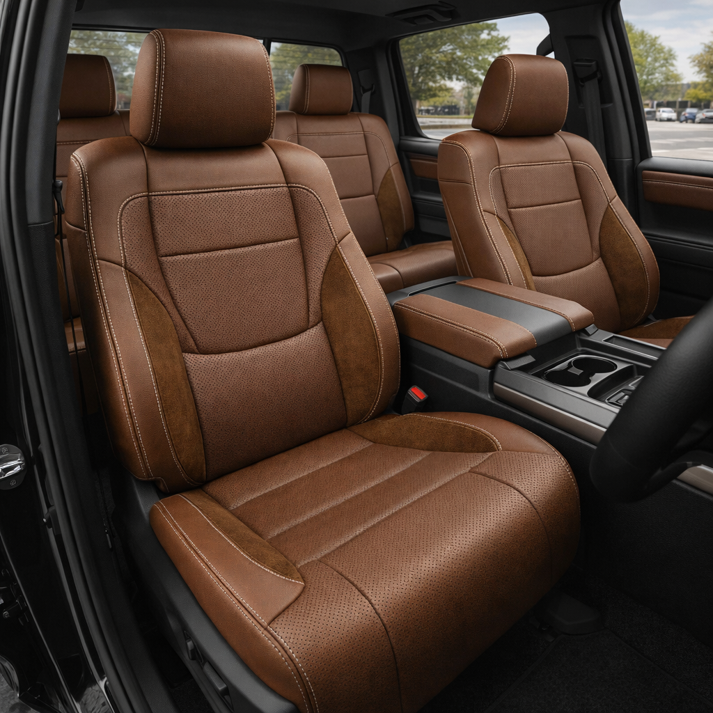 Front in-cabin view of a 2022–2026 Toyota Tundra with an installed Leatherteck leather upholstery kit in Mahogany Brown with Chocolate suede accent panels and Silver contrast stitching, featuring perforated brown center inserts, Mahogany Brown leather bolsters, Chocolate suede side inserts, matching front headrests, and a coordinated center console armrest, shown through the open driver-side door with the front bucket seats, rear bench seat, cupholders, door panel, steering wheel, seatbelt buckle, windows, 