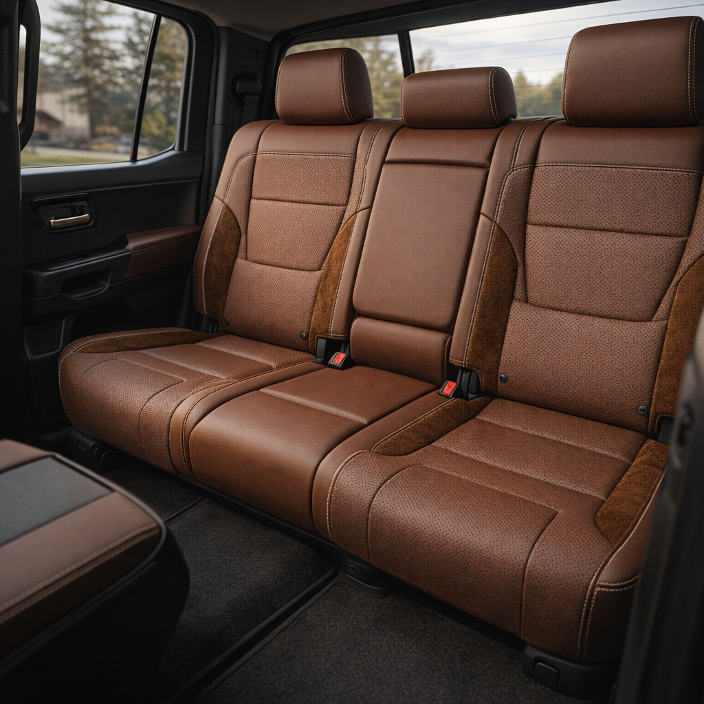 Rear in-cabin view of a 2022–2026 Toyota Tundra with an installed Leatherteck leather upholstery kit in Mahogany Brown with Chocolate suede accent panels and Silver contrast stitching, featuring a rear bench seat with perforated brown seating inserts, Mahogany Brown leather bolsters, Chocolate suede side accents, three matching brown headrests, a fold-down center armrest section, red seatbelt buckles, rear door panel, windows, black carpet, and part of the front center console visible.