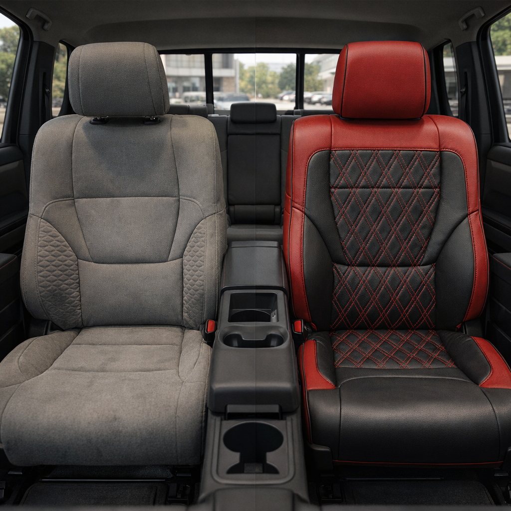 Before-and-after front in-cabin view of a 2022–2026 Toyota Tundra split down the center: the left front seat shows the original factory gray cloth upholstery, while the right front seat shows the upgraded Leatherteck leather upholstery kit in red with black accents and diamond-stitched inserts, featuring red leather bolsters, black side panels, black diamond-quilted center inserts with red stitching, and black piping, with the center console, cupholders, rear bench seat, headrests, rear window, seatbelt buc