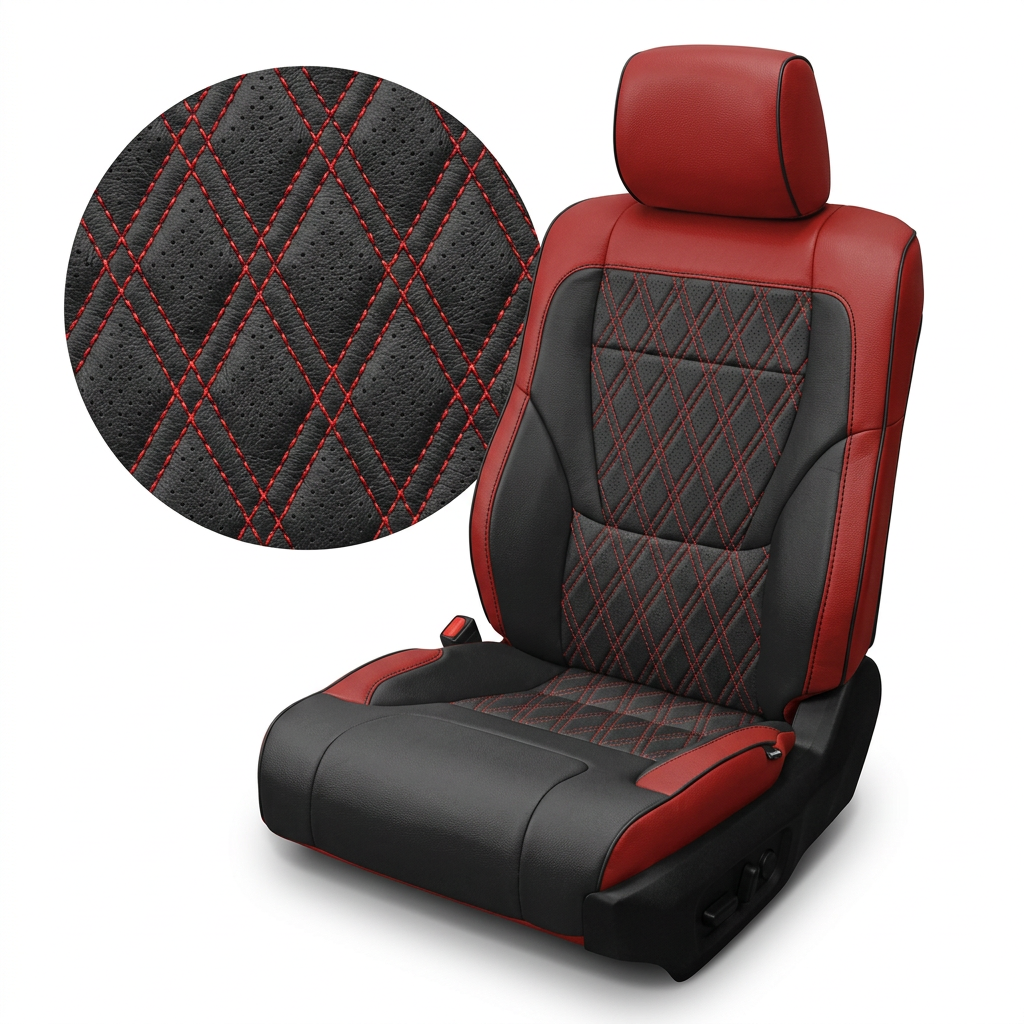 Close-up product image of a 2022–2026 Toyota Tundra Leatherteck leather upholstery kit in red with black accents and diamond-stitched inserts, featuring red leather bolsters, black side and cushion panels, black diamond-quilted center inserts with red stitching, and black piping, shown on a white background with a circular zoom inset highlighting the black perforated leather texture, diamond stitch pattern, and red stitched seam detail.