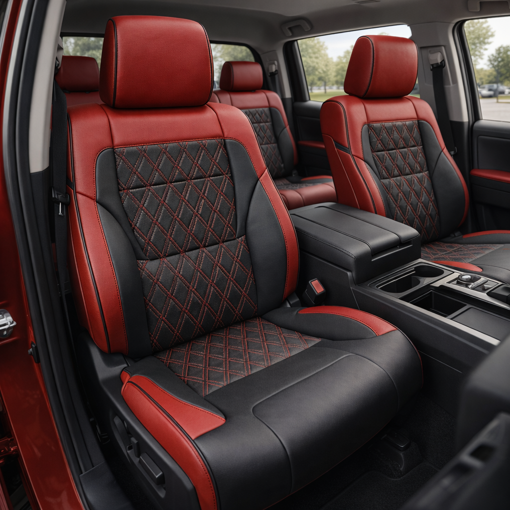  Front in-cabin view of a 2022–2026 Toyota Tundra with an installed Leatherteck leather upholstery kit in red with black panels and diamond-stitched inserts, featuring red leather bolsters, black front-facing seat panels, black diamond-pattern center inserts with red stitching, matching red headrests, and coordinated rear seating, shown from the open driver-side door with the center console, cupholders, armrest, door panel, seatbelt buckle, windows, and black carpet visible.