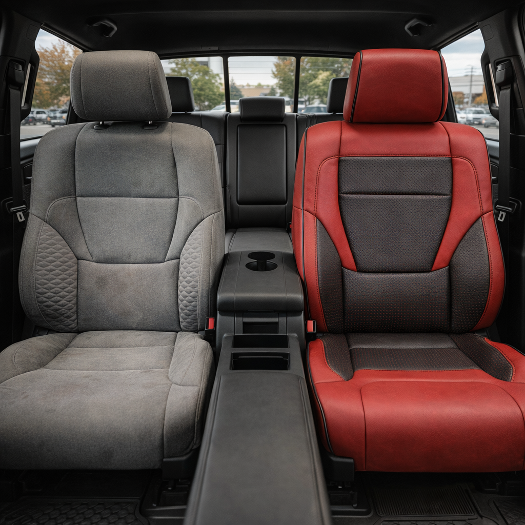  Before-and-after front in-cabin view of a 2022–2026 Toyota Tundra split by the front seats: the left front seat shows the original factory gray cloth upholstery, while the right front seat shows the upgraded Leatherteck leather upholstery kit in red with black piping and stitching, featuring red leather bolsters, black textured front-facing seat panels, black accent sections, black edge piping, and black stitched seam details, with the center console, cupholders, rear bench seat, rear window, seatbelt buck