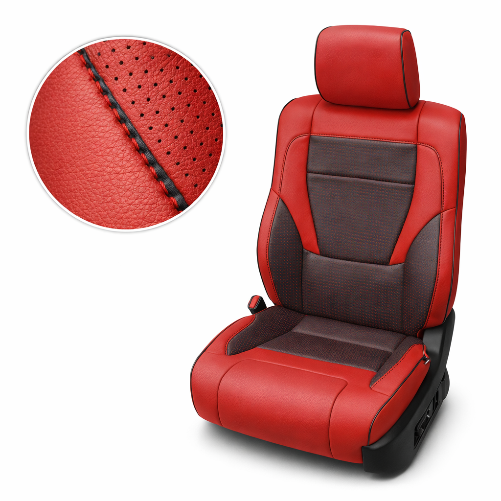 Close-up product image of a 2022–2026 Toyota Tundra Leatherteck leather upholstery kit in red with black piping and stitching, featuring red leather bolsters, black textured front-facing seat panels, black accent inserts, black edge piping, and black stitched seam details, shown on a white background with a circular zoom inset highlighting the red leather grain, perforation pattern, and black stitched piping detail.