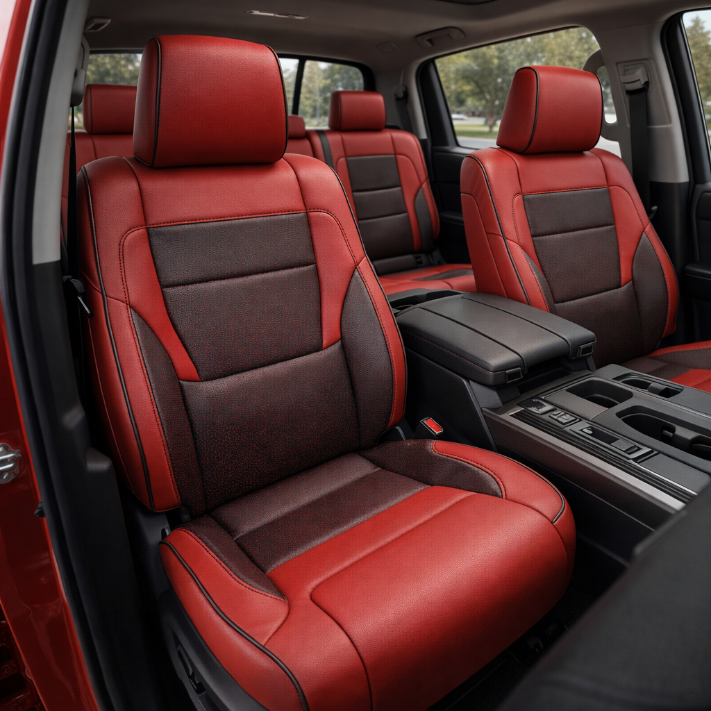 Front in-cabin view of a 2022–2026 Toyota Tundra with an installed Leatherteck leather upholstery kit in red with black piping and stitching, featuring red leather bolsters, black textured front-facing seat panels, black accent sections, black edge piping, and black stitched seam details, shown from the open driver-side door with the front bucket seats, matching red headrests, center console/armrest, cupholders, gear shifter, rear bench seat, door panel, and black floor mat visible.