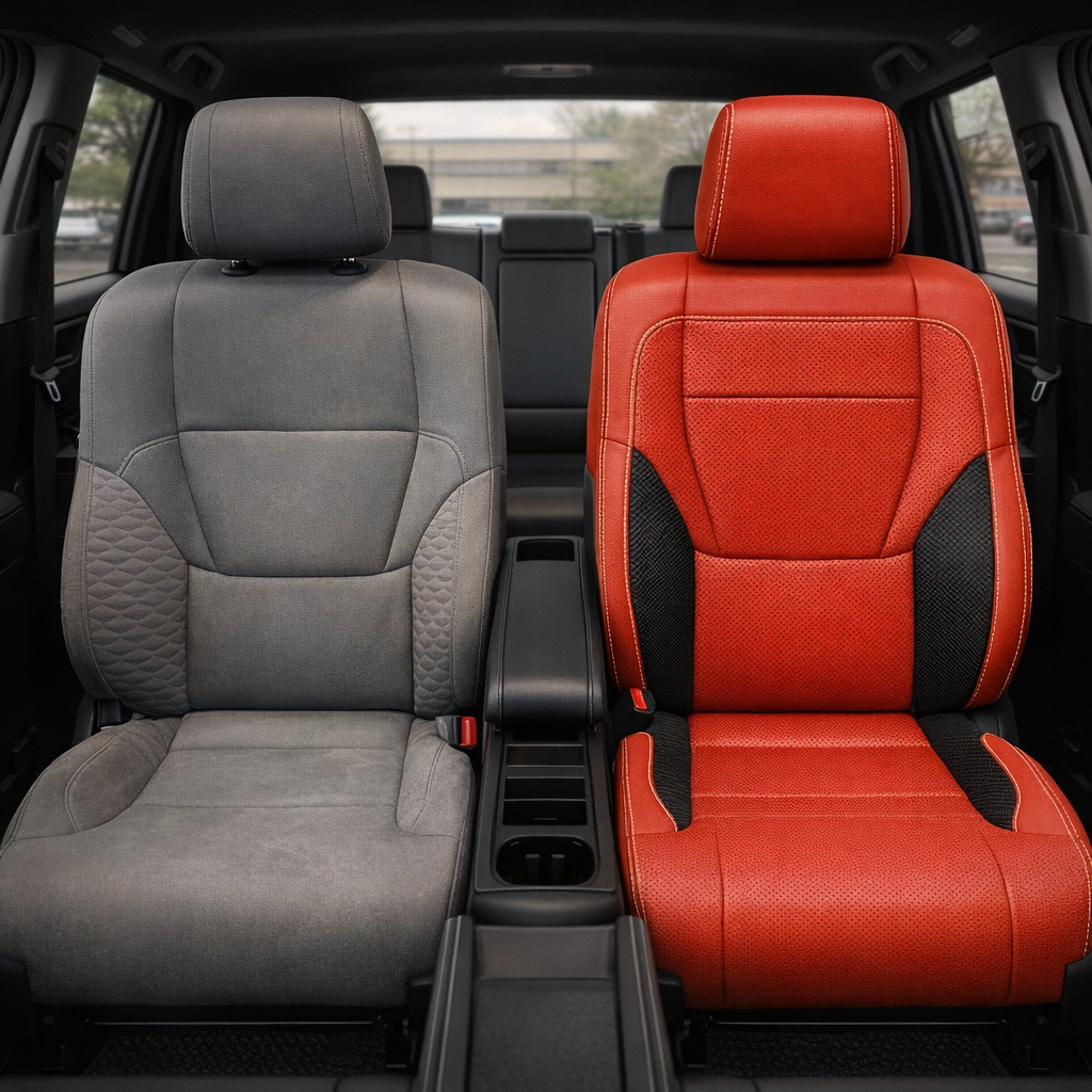 Before-and-after front in-cabin view of a 2022–2026 Toyota Tundra showing the original factory gray cloth upholstery on the left front seat and the upgraded Leatherteck leather upholstery kit on the right front seat in Salsa red with black carbon fiber-style accent panels, perforated Salsa red center inserts, and light contrast stitching, with the center console, cupholders, armrest, rear bench seat, rear window, seatbelt buckles, black floor mats, and dark interior trim visible.