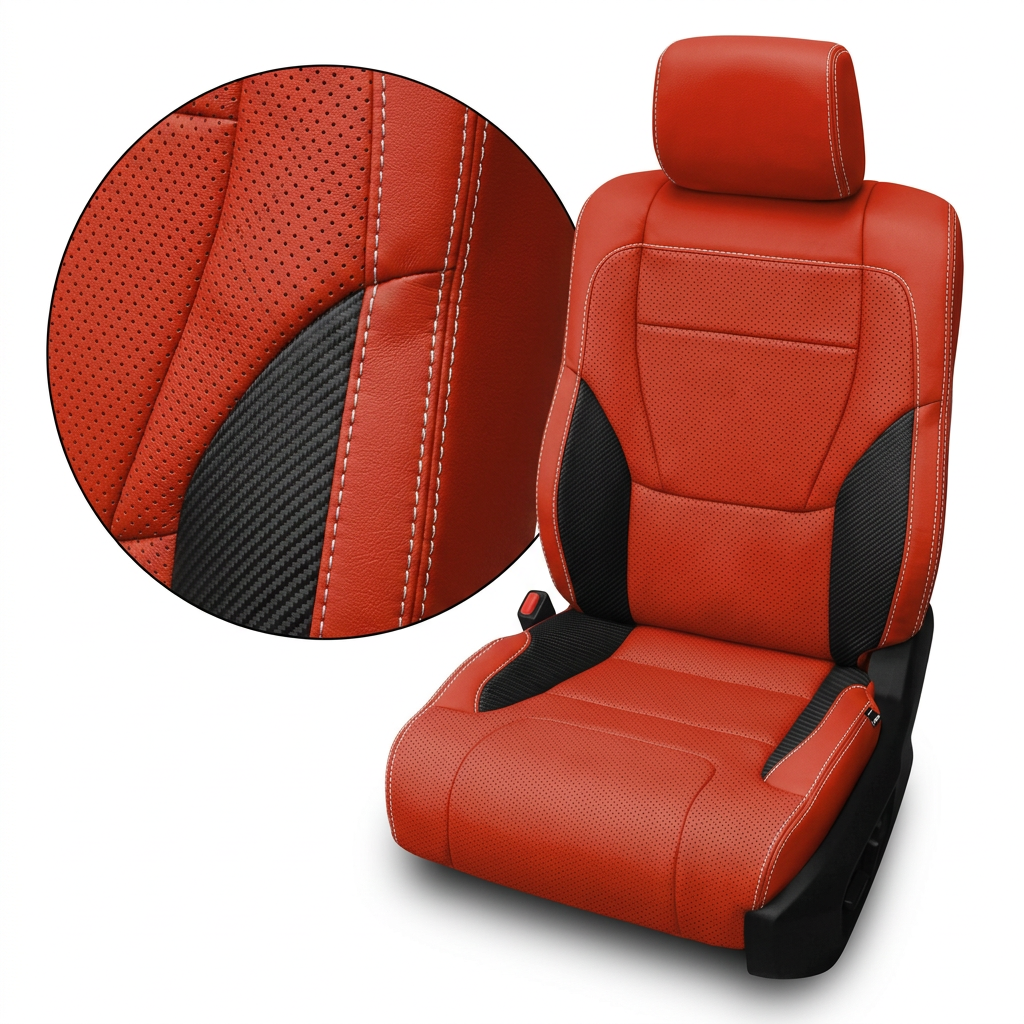 Close-up product image of a 2022–2026 Toyota Tundra Leatherteck leather upholstery kit in Salsa red with black carbon fiber-style accent panels, featuring perforated Salsa red center inserts, matching Salsa red headrest, and light contrast stitching, shown on a white background with a circular zoom inset highlighting the leather grain, perforation pattern, carbon fiber texture, and double-stitched seam detail.


