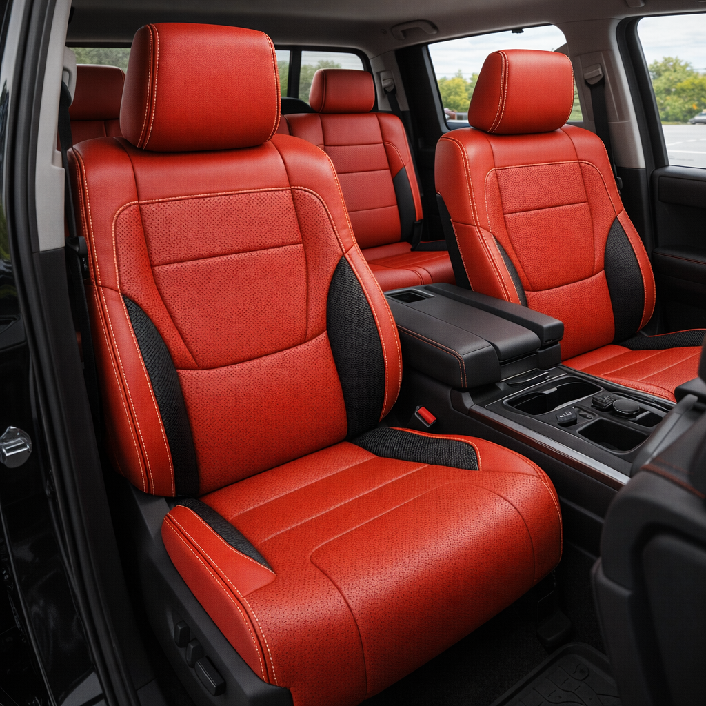  Front in-cabin view of a 2022–2026 Toyota Tundra with an installed Leatherteck leather upholstery kit in Salsa red with black carbon fiber-style accents, featuring front bucket seats, matching Salsa headrests, perforated Salsa center inserts, black carbon fiber-textured side accent panels, and light contrast stitching, shown from the open driver-side door with the center console, armrest, cupholders, gear selector, red-and-black door panels, rear seating area, and black all-weather floor liner visible.

