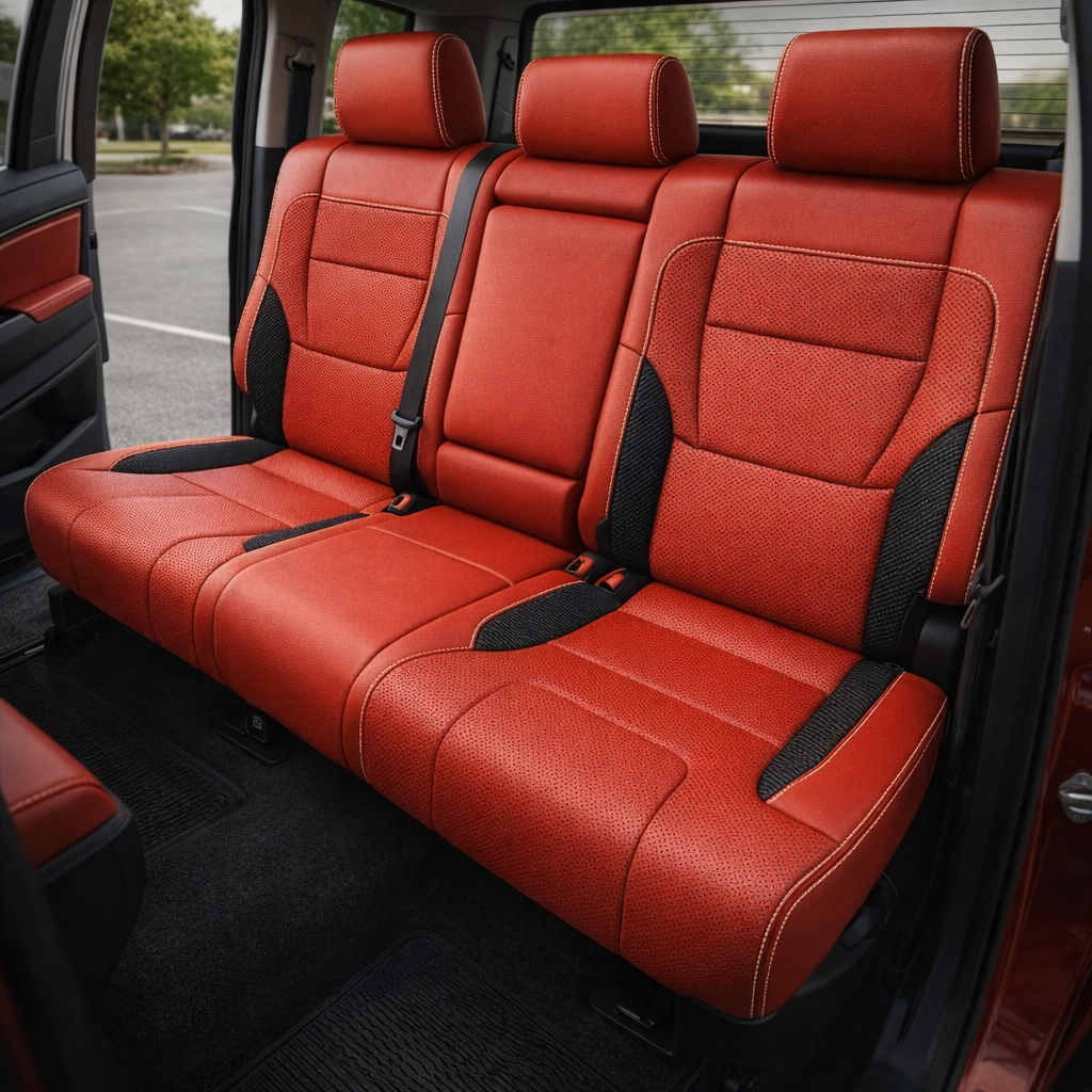  Rear in-cabin view of a 2022–2026 Toyota Tundra with an installed Leatherteck leather upholstery kit in Salsa red with black carbon fiber-style accents, featuring a rear bench seat, three matching Salsa headrests, perforated Salsa center inserts, black carbon fiber-textured side accent panels, and light contrast stitching, shown through the open rear door with seatbelts, red seatbelt buckles, rear door trim, rear window, and black all-weather floor liner visible.