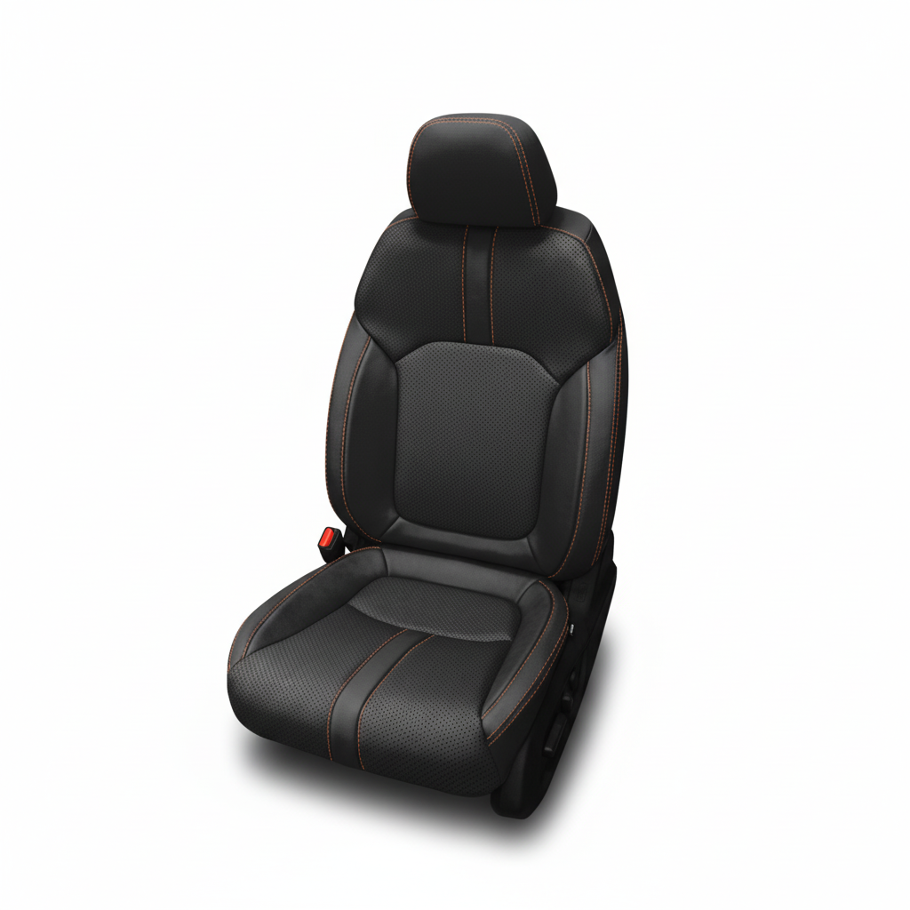 Black leather car seat with perforated panels and copper contrast stitching on a white background.
