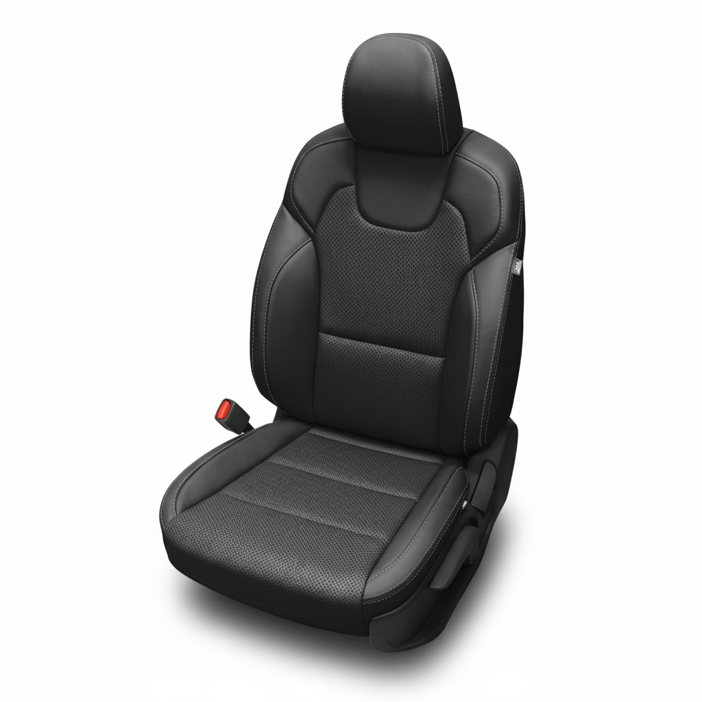 Black leather car seat with perforated center and stone contrast stitching on a white background.
