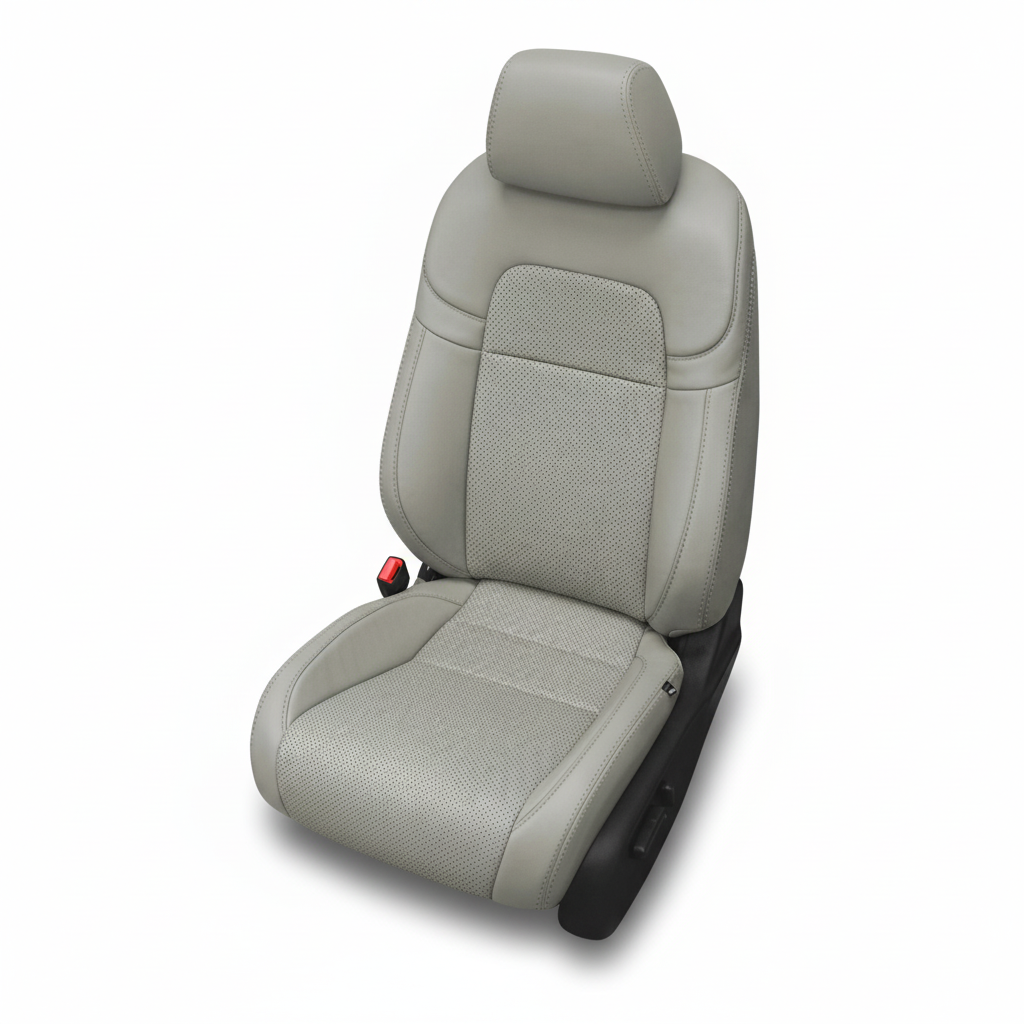 Fossil gray leather car seat with perforated inserts on a white background.