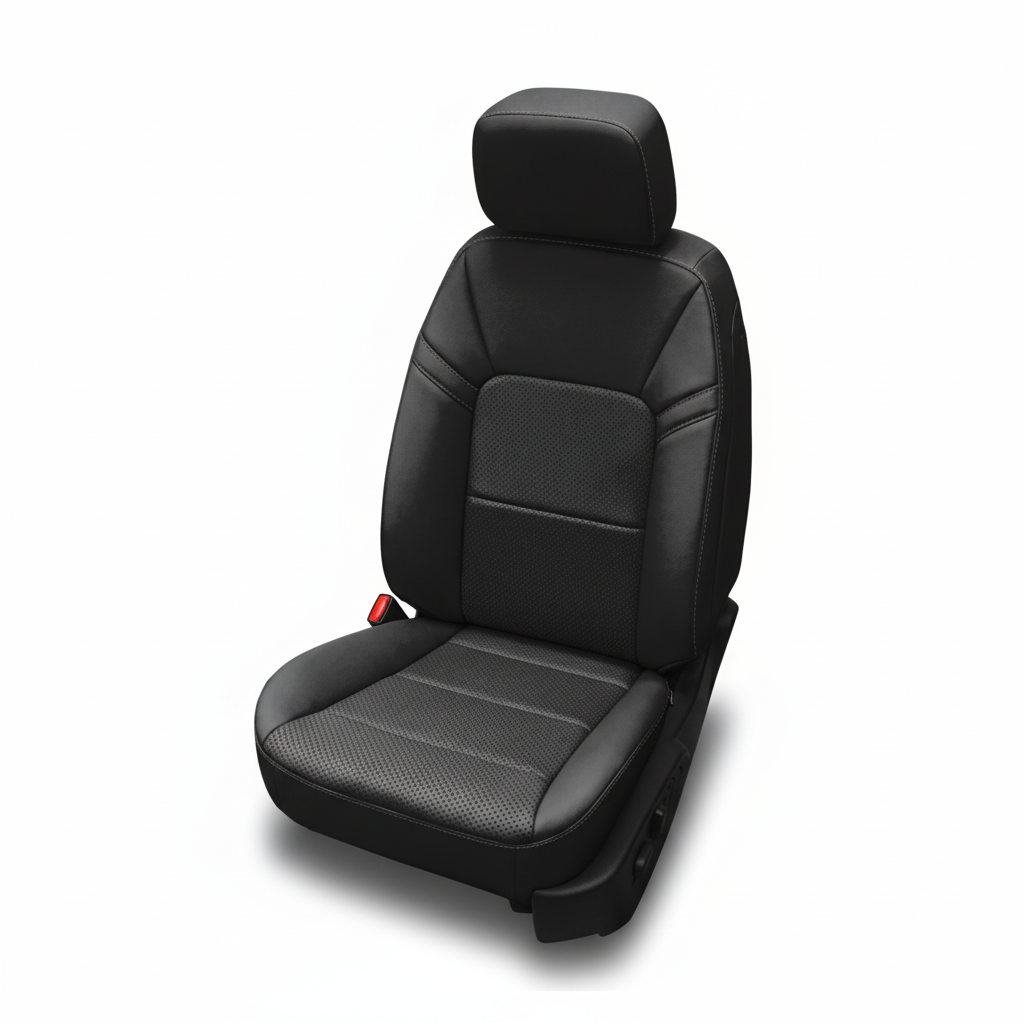 Black leather car seat with perforated center and contrast stitching on a white background.
