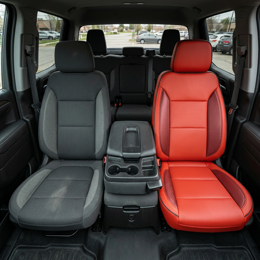  Before-and-after interior view of a 2023–2026 Chevrolet Silverado: left shows the original black cloth front seat, right shows the upgraded Leatherteck Deluxe seat cover in Salsa Red leather with perforated combo center panels, carbon fiber–style accent inserts, and black stitching with black piping.