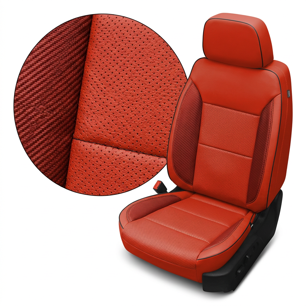 Close-up of Leatherteck Deluxe seat cover for a 2023–2026 Chevrolet Silverado in Salsa Red, showing perforated combo center inserts, carbon fiber–style accent side panels, plus black stitching and black piping, with an inset detail highlighting the perforation and textured accent material on a white background.

