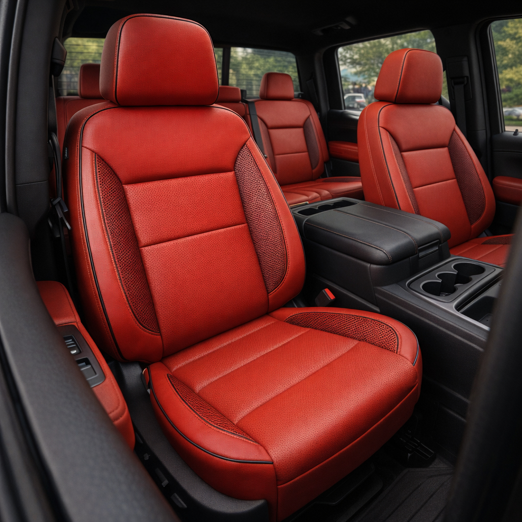 Front in-cabin view of a 2023–2026 Chevrolet Silverado with Leatherteck Deluxe seat covers installed in Salsa Red leather, featuring perforated combo inserts, carbon fiber–style accent side panels, and black stitching with black piping on the front buckets and rear seat.