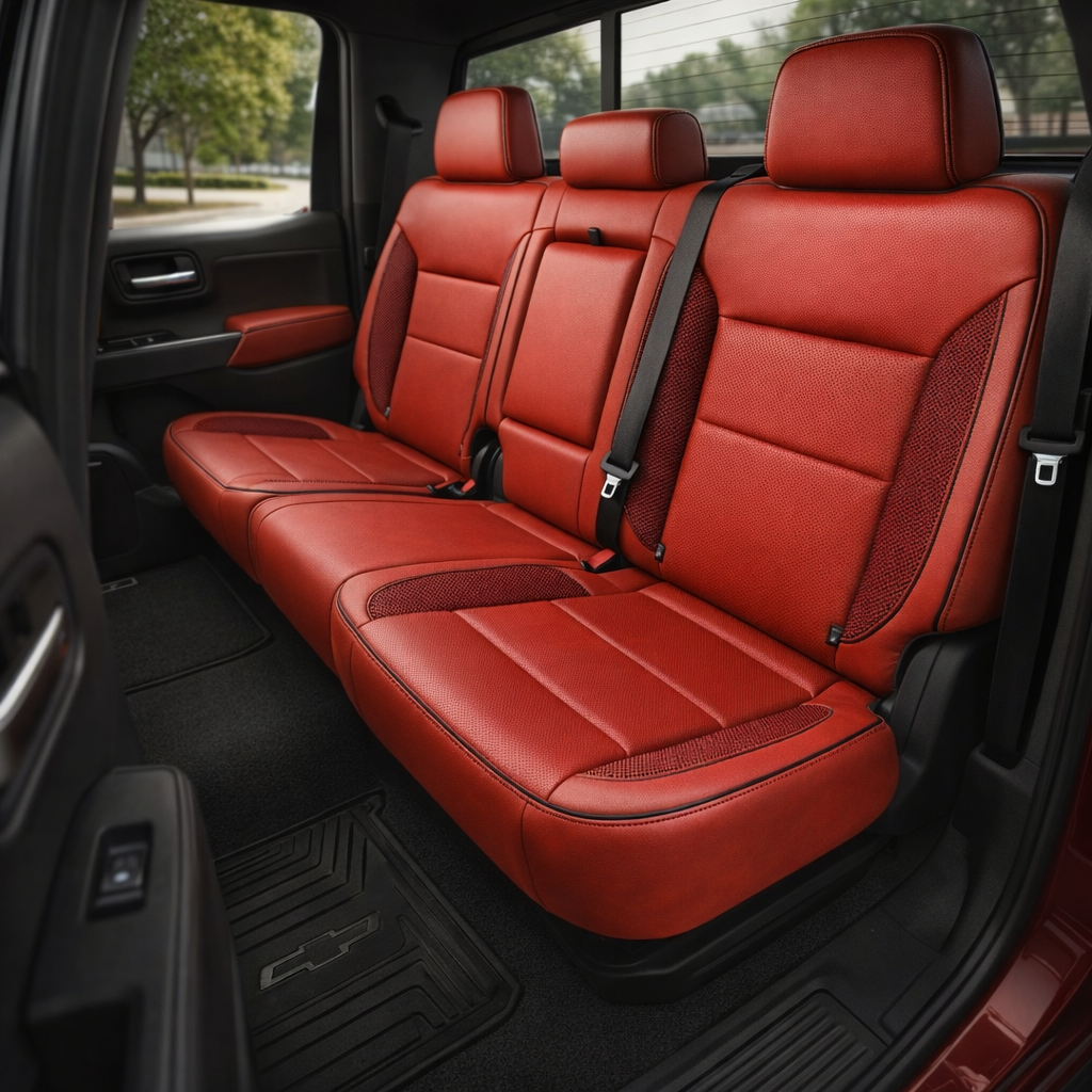 Rear in-cabin view of a 2023–2026 Chevrolet Silverado with Leatherteck Deluxe seat covers in Salsa Red leather, featuring perforated combo inserts, carbon fiber–style accent panels on the outer sections, and black stitching with black piping across the rear bench and headrests.
