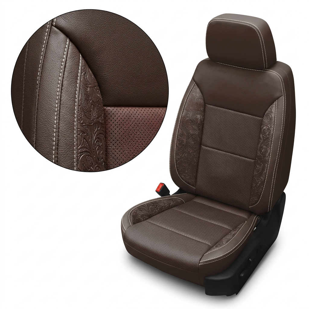 Rear in-cabin view of a 2023–2026 Chevrolet Silverado (New Body Style) featuring a Leatherteck rear bench seat upholstered in coffee brown leather with western floral brown accent panels and pearl white contrast stitching, showing three headrests, seatbelts, the rear door panel, and floor mat.