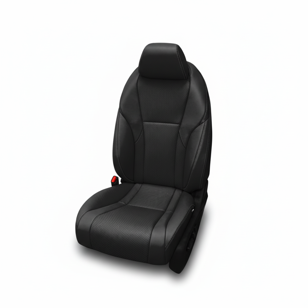 Black leather car seat with perforated inserts and lapis stitching on a white background.