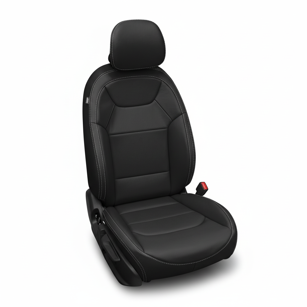 Black leather car seat with ash stitching on a white background.