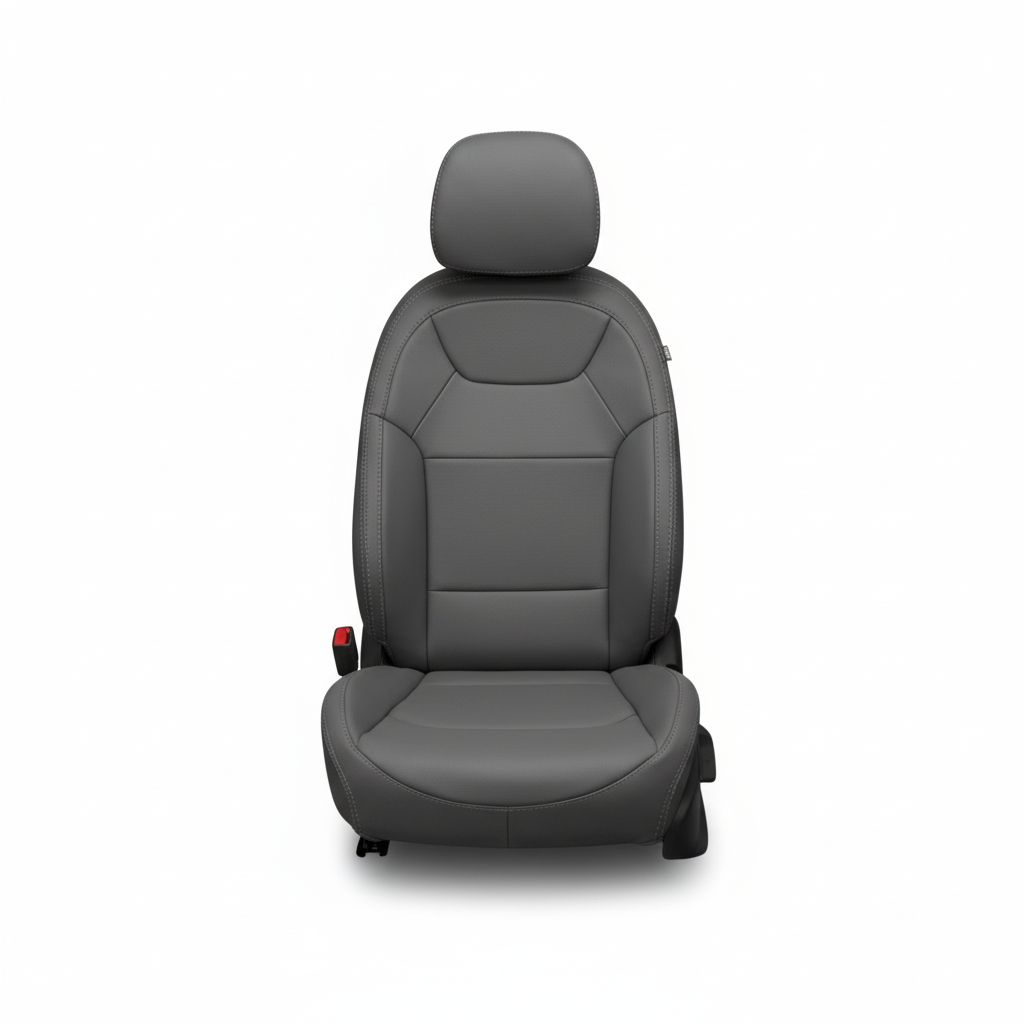 Ice gray leather car seat with ash stitching on a white background.