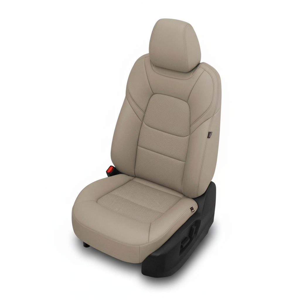 Light tan leather car seat with perforated center on a white background.

