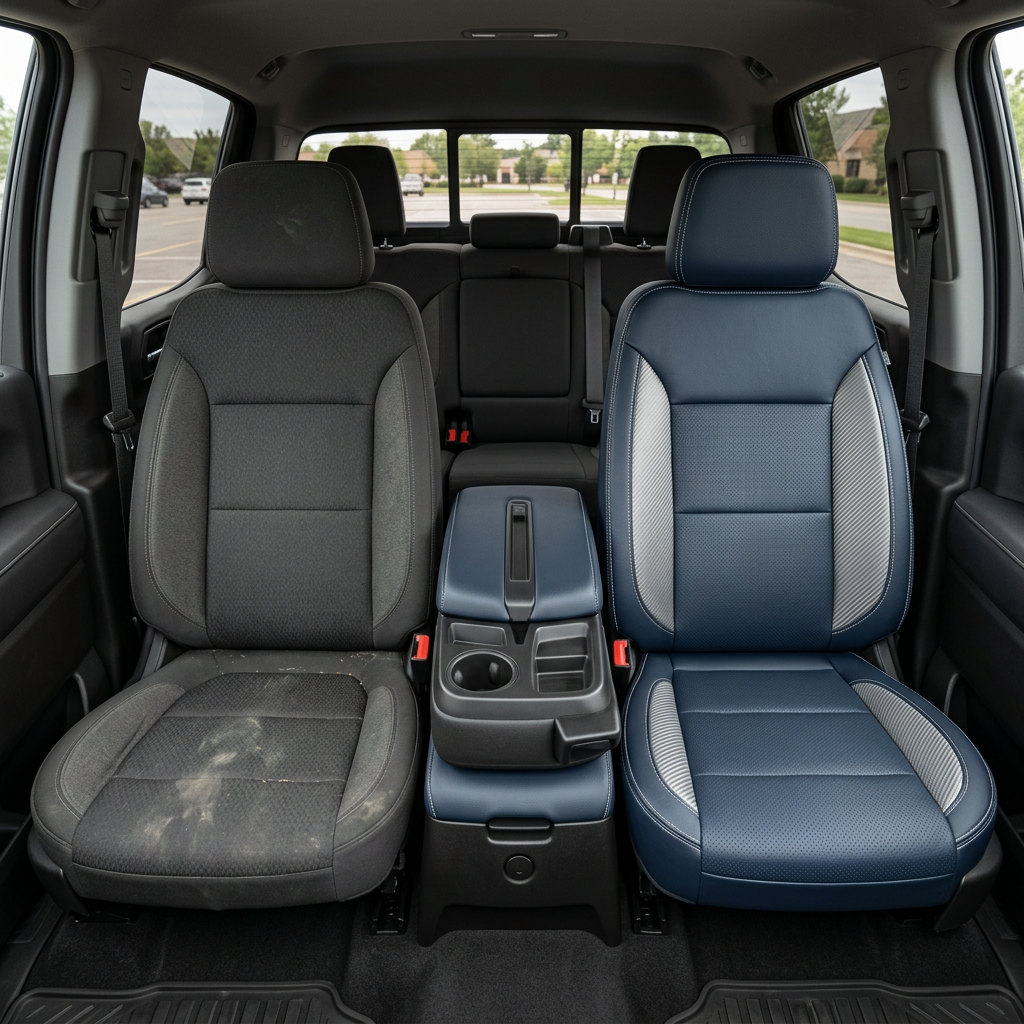 Before-and-after interior view of a 2023–2026 Chevrolet Silverado (New Body Style): left shows the factory dark cloth front seat, right shows the upgraded Leatherteck seat upholstery in Atlantic Blue with silver carbon fiber–style accent panels and contrast stitching, viewed from inside the cabin.