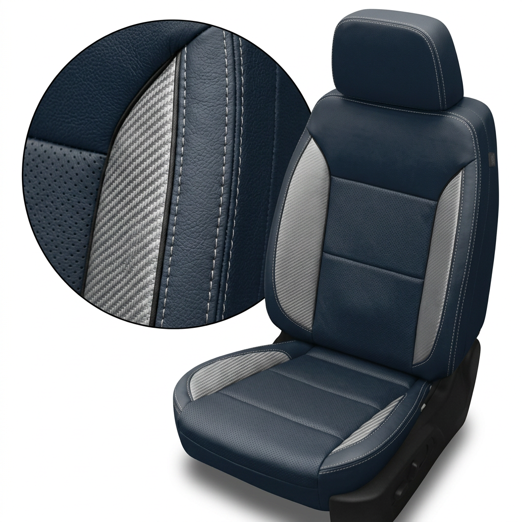  Close-up of the Leatherteck seat upholstery for a 2023–2026 Chevrolet Silverado (New Body Style) in Atlantic Blue, showing silver carbon fiber–style accent inserts, perforated center panels, and contrast stitching on the seat and headrest.