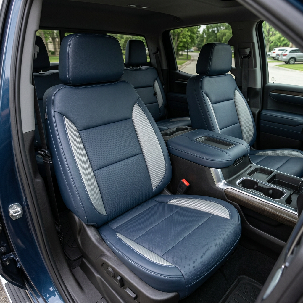  Front in-cabin view of a 2023–2026 Chevrolet Silverado (New Body Style) featuring Leatherteck seat upholstery in Atlantic Blue, with silver carbon fiber–style accent panels and contrast stitching on the front bucket seats and headrests.
