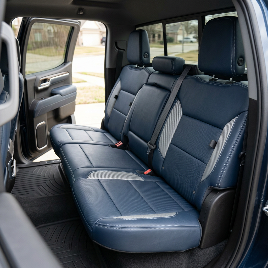  Rear in-cabin view of a 2023–2026 Chevrolet Silverado (New Body Style) with Leatherteck seat upholstery in Atlantic Blue, featuring silver carbon fiber–style accent inserts and contrast stitching across the rear bench seatbacks, cushions, and headrests.