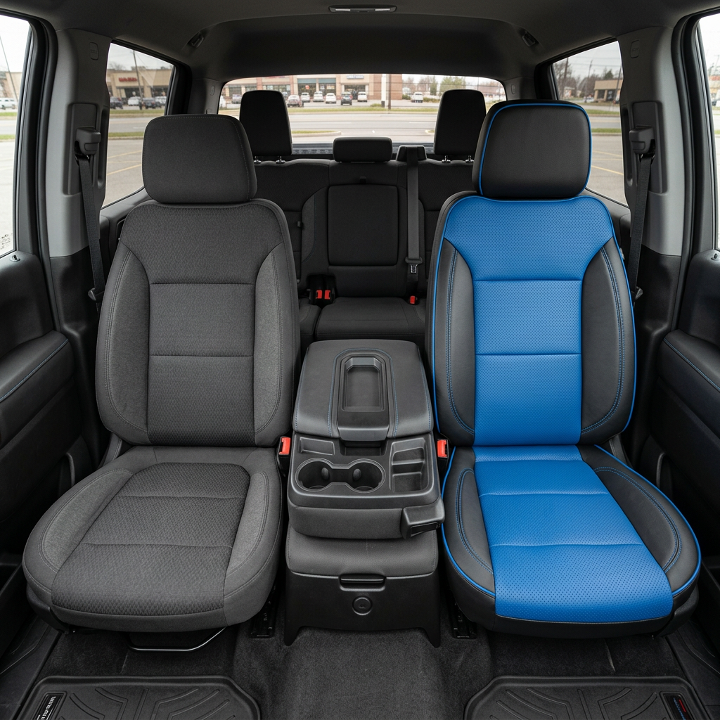  Before-and-after front in-cabin view of a 2023–2026 Chevrolet Silverado (New Body Style): the left front seat shows original dark cloth upholstery, while the right front seat is upgraded with Leatherteck black leather, Bermuda blue perforated inserts, and contrast stitching, shown beside the center console.

