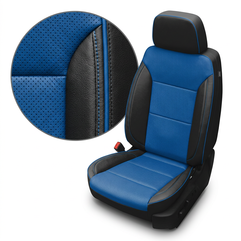 Close-up of a 2023–2026 Chevrolet Silverado (New Body Style) Leatherteck seat upholstery in black leather with Bermuda blue perforated inserts and contrast stitching, featuring an inset detail of the perforation pattern, leather grain, and blue-stitched seam.