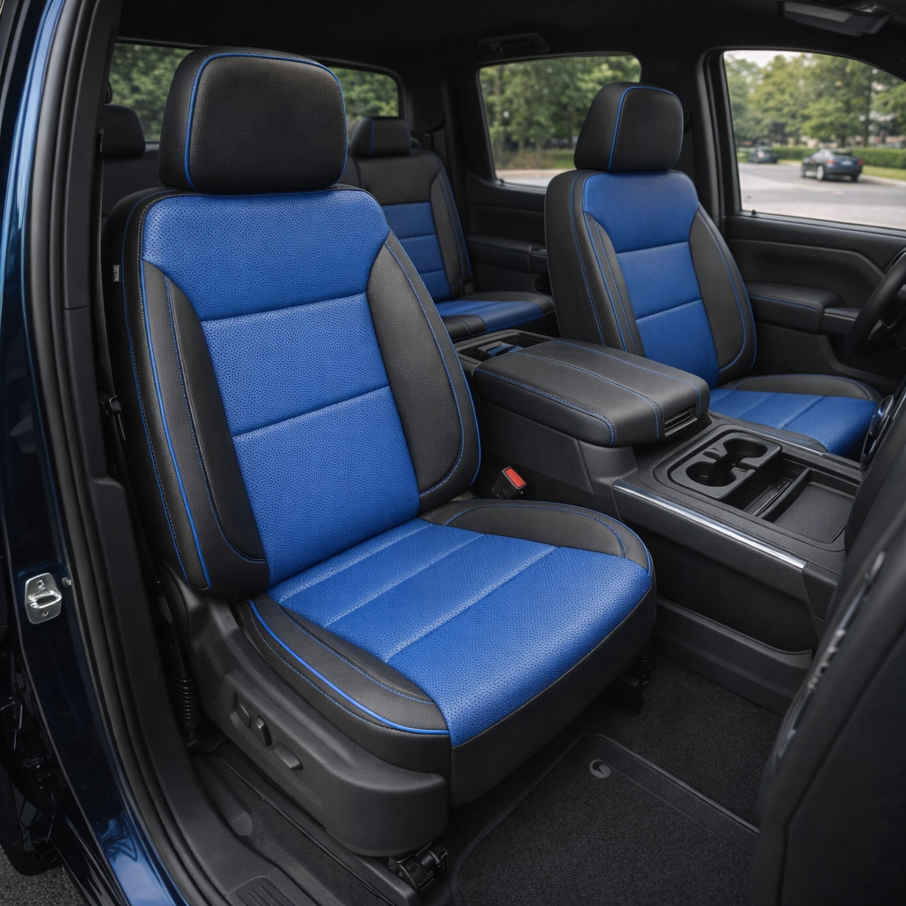 Front in-cabin view of a 2023–2026 Chevrolet Silverado (New Body Style) featuring upgraded Leatherteck front bucket seats in black leather with Bermuda blue perforated inserts and contrast stitching, shown with the center console, cupholders, and matching rear seating in the background.