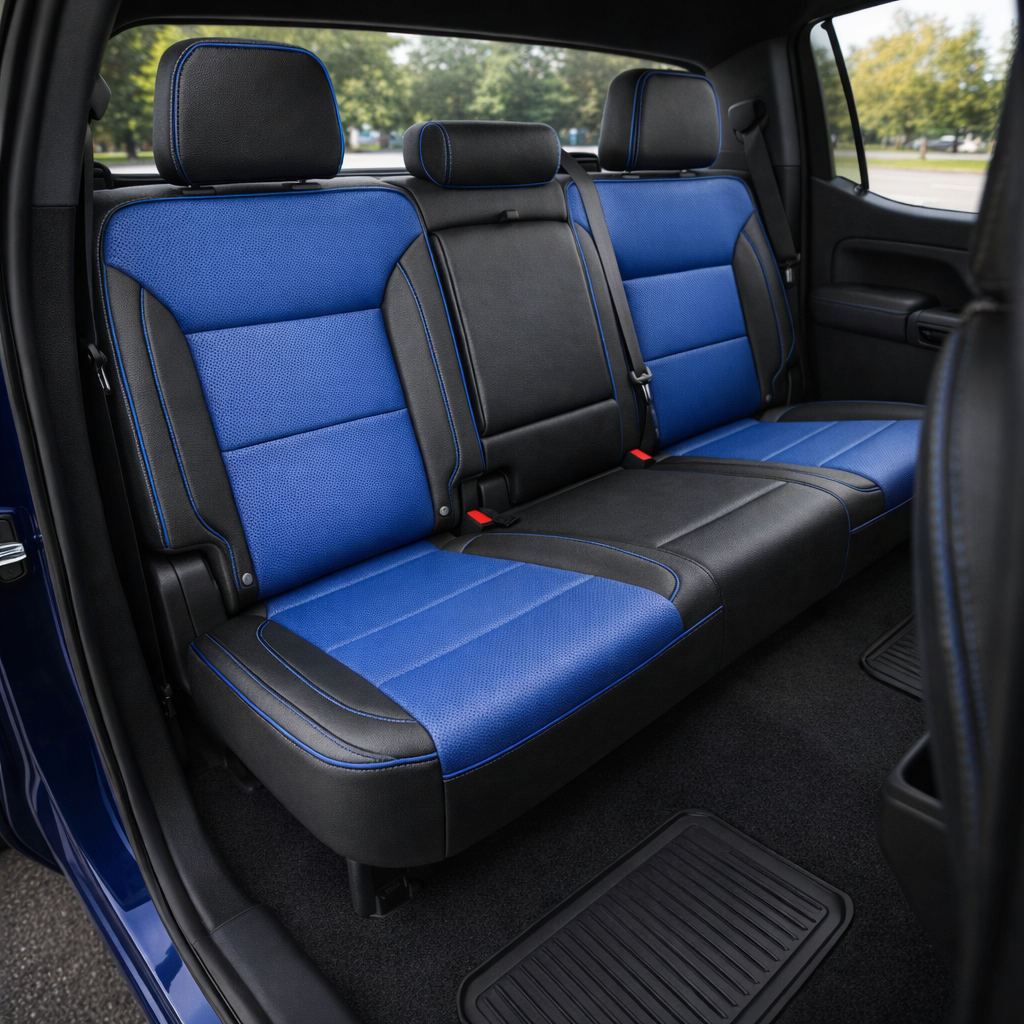  Rear in-cabin view of a 2023–2026 Chevrolet Silverado (New Body Style) with upgraded Leatherteck rear bench seat in black leather featuring Bermuda blue perforated inserts and contrast stitching, with headrests, seatbelts, and rear door panel visible.

