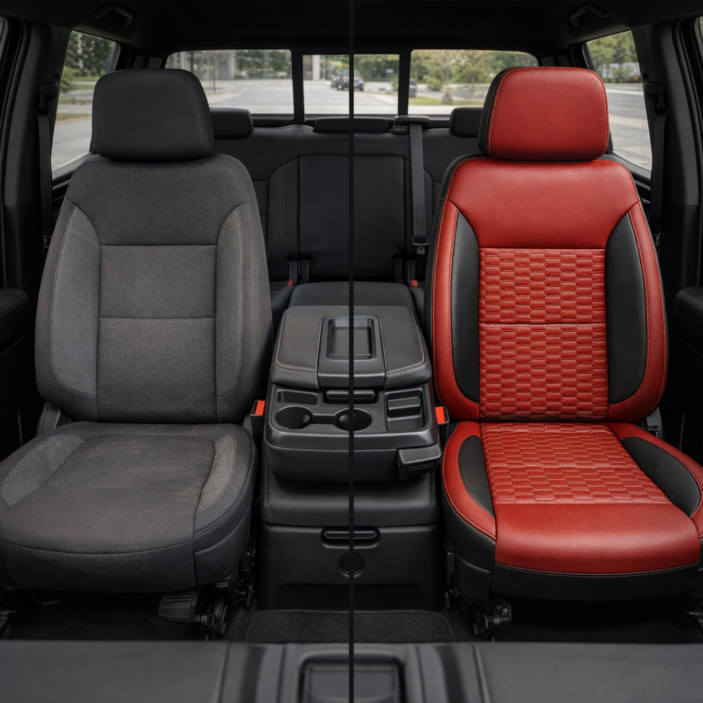  Before-and-after front in-cabin view of a 2023–2026 Chevrolet Silverado (New Body Style) split down the center: left shows the factory dark cloth front seat, while right shows a Leatherteck upgrade in black with cardinal red panels, platinum gray double hexagon-stitched inserts, and contrast stitching, with the center console/cupholders and rear bench seat visible in the background. 