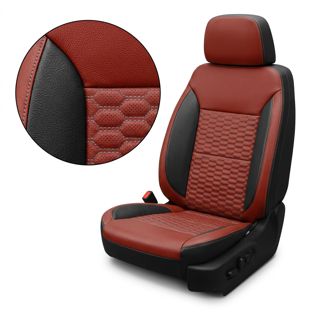 Close-up product image of a 2023–2026 Chevrolet Silverado (New Body Style) Leatherteck seat upholstery kit in black with cardinal red panels, featuring double hexagon-stitched center inserts with contrast stitching, and a circular zoom inset highlighting the leather grain, perforation, and stitched seam detail.