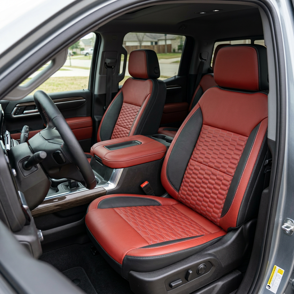  Front in-cabin view of a 2023–2026 Chevrolet Silverado (New Body Style) featuring a Leatherteck leather seat upholstery kit in black with cardinal red panels, platinum gray double hexagon-stitched center inserts, and contrast stitching, showing the driver and passenger seats, matching red center console/armrest, and the rear seat in the background.