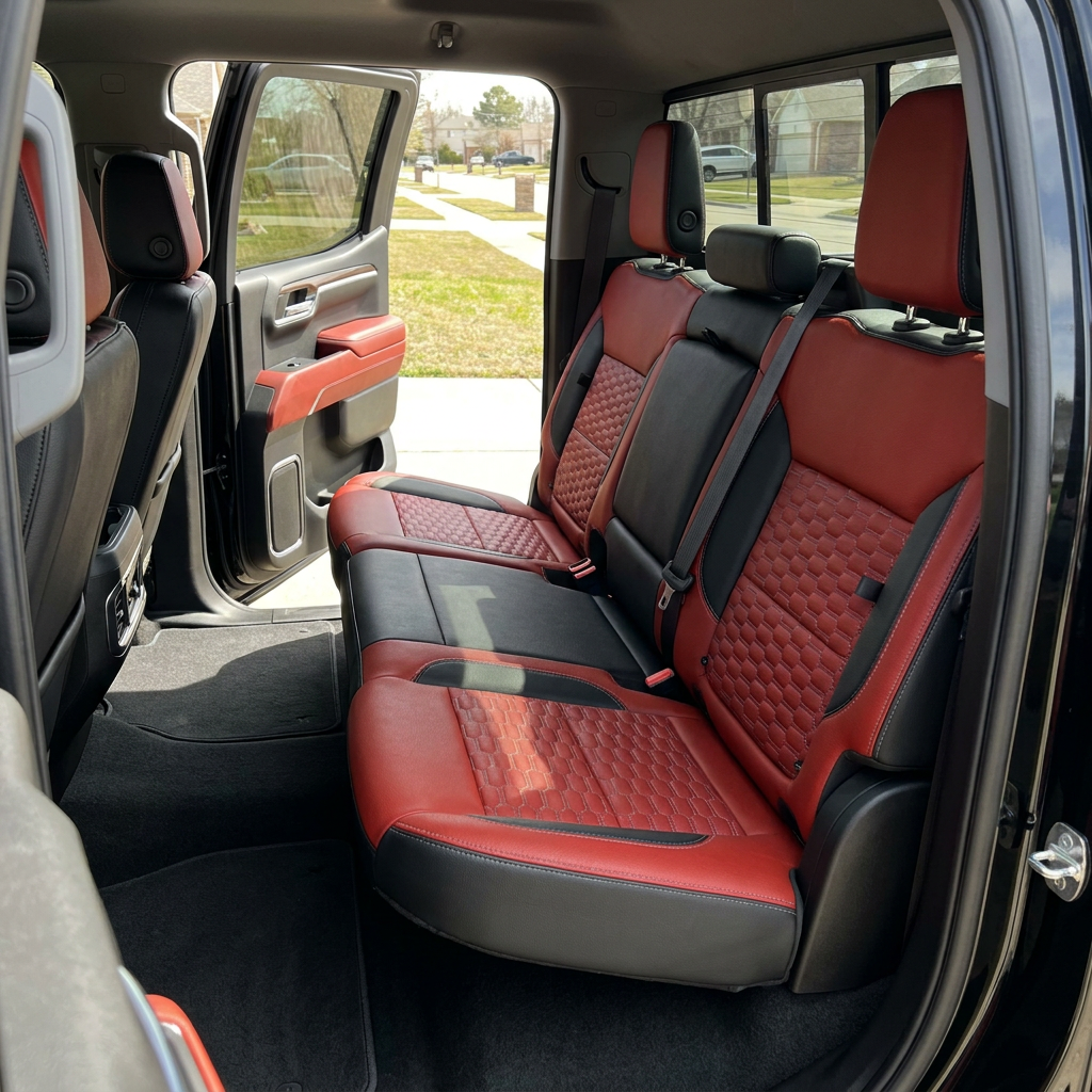  Rear in-cabin view of a 2023–2026 Chevrolet Silverado (New Body Style) featuring a Leatherteck rear bench seat upholstery kit in black with cardinal red panels, platinum gray double hexagon-stitched center inserts, and contrast stitching, showing three headrests, rear seatbelts and buckles, the rear door panel with matching red insert, and black carpeted floor mats.