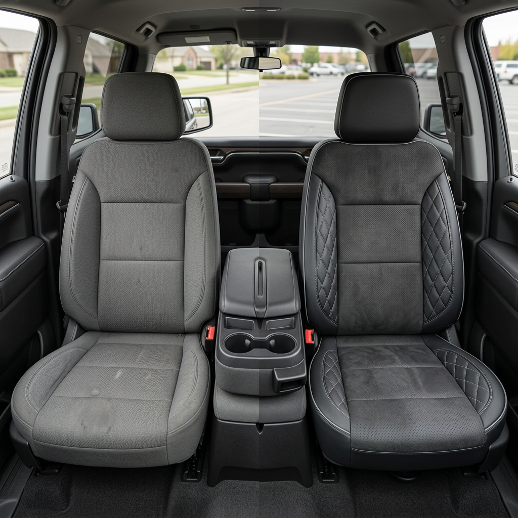  Before-and-after interior view of a 2023–2026 Chevrolet Silverado (New Body Style): left shows the factory gray cloth front seat, right shows upgraded Leatherteck upholstery in black leather with dark gray suede inserts and silver diamond-stitched accent panels, viewed from inside the cabin.