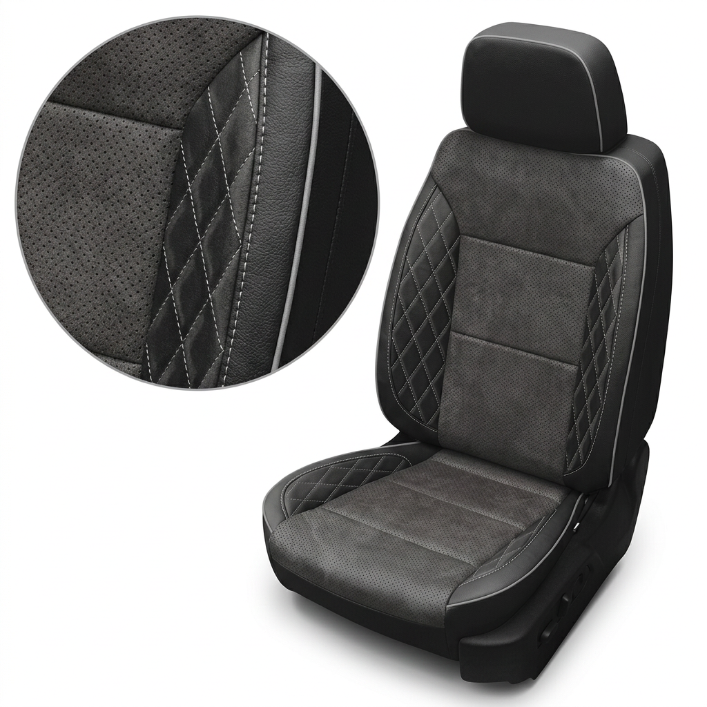 Close-up of the Leatherteck seat upholstery for a 2023–2026 Chevrolet Silverado (New Body Style) in black leather, showing dark gray suede center inserts, perforated panels, and silver diamond-stitched accent sections with contrast stitching on the seat and headrest.