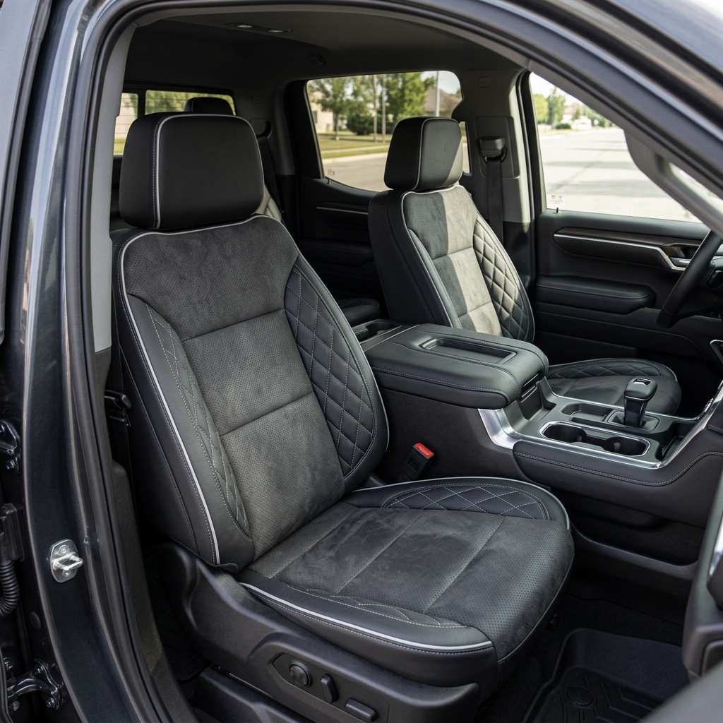  Front in-cabin view of a 2023–2026 Chevrolet Silverado (New Body Style) with Leatherteck seat upholstery in black leather, featuring dark gray suede center inserts and silver diamond-stitched accent panels with contrast stitching on the front bucket seats and headrests.